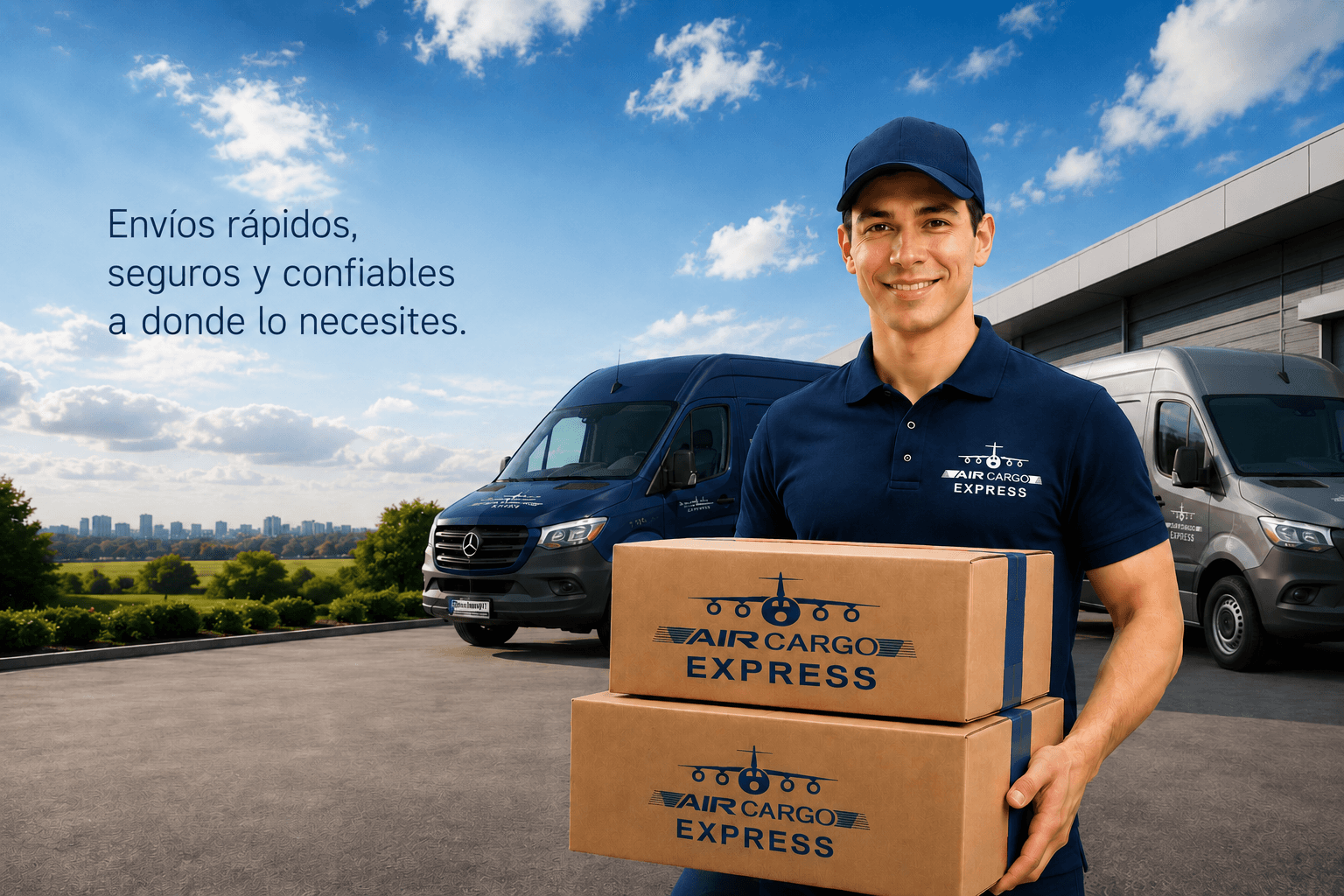 Repartidor de AirCargo Express con paquetes junto a la flota